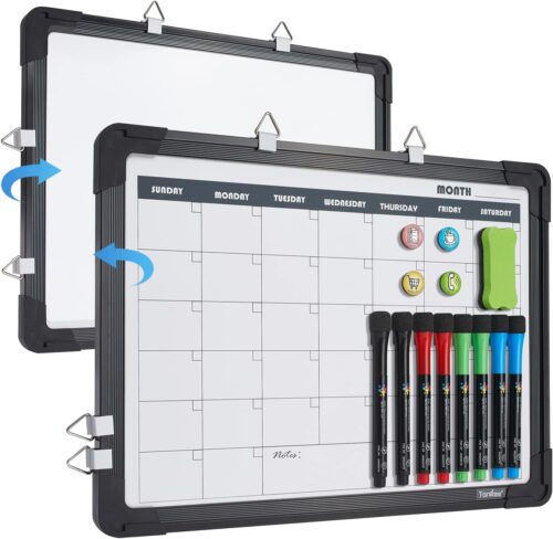 Dry Erase Board with Monthly Calendar, Magnetic Small Whiteboard Hanging Double-Sided White Board for Wall, Portable Magnet Board for Drawing, Kitchen, Planning, Memo, School, Home, Office (Black)