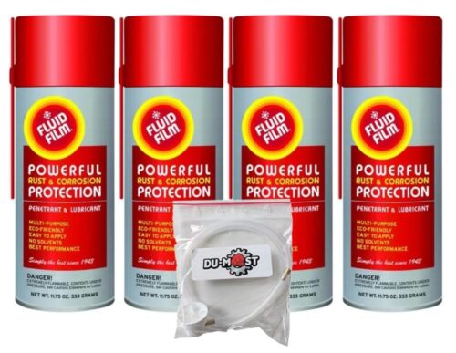 Fluid Film Rust & Corrosion Protection Aerosol Spray with a DU-Most 24″ Extension Hose & Nozzle, Metal Surface Penetrant & Lubricant for Marine/Automotive/Industrial/Home, 11.75 Oz (Pack of 4)